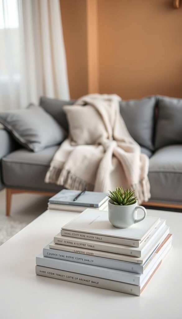 A minimalist coffee table styled for organizational aesthetics, positioned in a softly lit modern living room. In the foreground, a sleek white coffee table holds neatly stacked coffee table books with varying textures, a small potted succulent with vibrant greenery, and a delicate ceramic coffee cup. The middle section features a cozy throw blanket draped casually across a stylish grey sofa. In the background, a warm, inviting wall with a subtle texture complements the minimalist decor. The natural light filters through sheer curtains, casting gentle shadows and enhancing a serene atmosphere. The composition is captured with a shallow depth of field, focusing on the table while softly blurring the background, evoking a calm and tidy ambiance. A minimalist coffee table styled for organizational aesthetics, positioned in a softly lit modern living room. In the foreground, a sleek white coffee table holds neatly stacked coffee table books with varying textures, a small potted succulent with vibrant greenery, and a delicate ceramic coffee cup. The middle section features a cozy throw blanket draped casually across a stylish grey sofa. In the background, a warm, inviting wall with a subtle texture complements the minimalist decor. The natural light filters through sheer curtains, casting gentle shadows and enhancing a serene atmosphere. The composition is captured with a shallow depth of field, focusing on the table while softly blurring the background, evoking a calm and tidy ambiance.