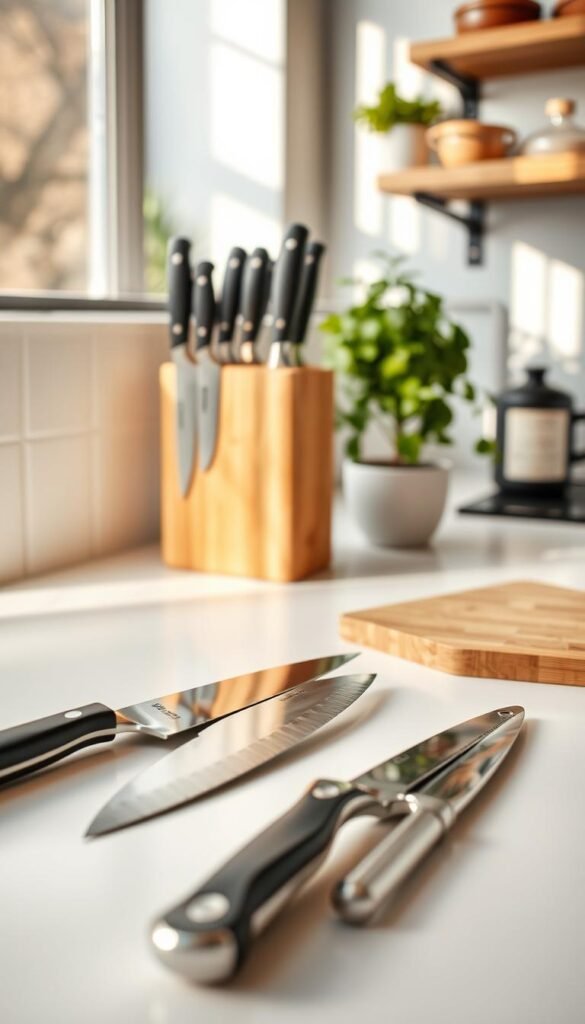 A minimalist kitchen scene featuring an array of essential knives arranged on a clean, white countertop. In the foreground, the knives should include a chef's knife, a paring knife, and a serrated bread knife, each with sleek, ergonomic handles and gleaming blades. The middle ground should showcase a well-organized bamboo knife block, subtly highlighting the craftsmanship of the knives. In the background, soft-focus elements like a potted herb plant and a subtle wall-mounted kitchen shelf add depth without distraction. Warm, natural lighting filters in from a nearby window, casting gentle shadows and creating a serene atmosphere. The angle captures the knife display at eye level, inviting the viewer to appreciate the beauty and functionality of these kitchen essentials. A minimalist kitchen scene featuring an array of essential knives arranged on a clean, white countertop. In the foreground, the knives should include a chef's knife, a paring knife, and a serrated bread knife, each with sleek, ergonomic handles and gleaming blades. The middle ground should showcase a well-organized bamboo knife block, subtly highlighting the craftsmanship of the knives. In the background, soft-focus elements like a potted herb plant and a subtle wall-mounted kitchen shelf add depth without distraction. Warm, natural lighting filters in from a nearby window, casting gentle shadows and creating a serene atmosphere. The angle captures the knife display at eye level, inviting the viewer to appreciate the beauty and functionality of these kitchen essentials.