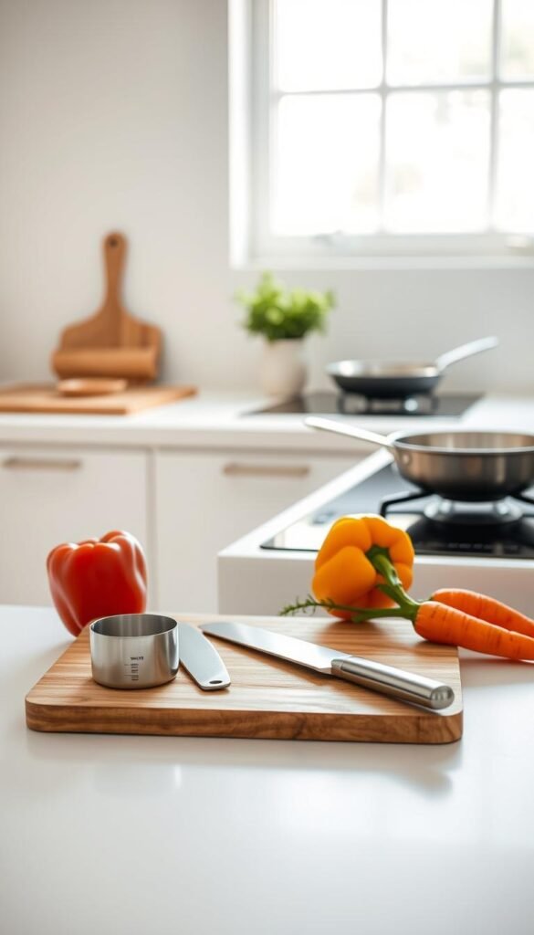 A minimalist kitchen scene showcasing essential cooking tools in action. In the foreground, a sleek wooden cutting board displays a knife, a measuring cup, and a few fresh vegetables like a bell pepper and a carrot, emphasizing simplicity and functionality. The middle ground features a neatly organized countertop with a small herb pot and a single-burner stove with a pan gently sizzling. In the background, soft natural light filters through a large window, casting gentle shadows and creating a warm atmosphere. The overall color palette is bright and airy, emphasizing a clutter-free environment. The scene conveys a sense of calm and focus, encouraging the viewer to embrace cooking with minimal tools. A minimalist kitchen scene showcasing essential cooking tools in action. In the foreground, a sleek wooden cutting board displays a knife, a measuring cup, and a few fresh vegetables like a bell pepper and a carrot, emphasizing simplicity and functionality. The middle ground features a neatly organized countertop with a small herb pot and a single-burner stove with a pan gently sizzling. In the background, soft natural light filters through a large window, casting gentle shadows and creating a warm atmosphere. The overall color palette is bright and airy, emphasizing a clutter-free environment. The scene conveys a sense of calm and focus, encouraging the viewer to embrace cooking with minimal tools.