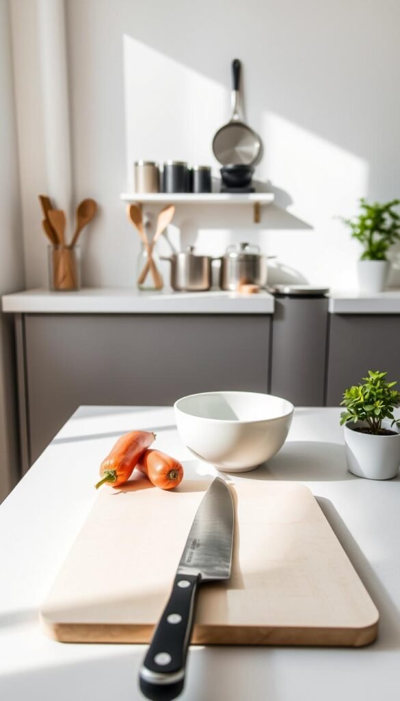 A minimalist kitchen scene showcasing essential kitchen items arranged thoughtfully. In the foreground, a sleek cutting board with a sharp chef's knife, a few unblemished seasonal vegetables, and a simple white ceramic bowl. The middle ground features a minimalist open shelf displaying a few high-quality pots and pans, along with a glass jar filled with wooden utensils. In the background, there’s a clean countertop with a compact coffee maker and a small potted herb plant. Soft natural lighting cascades through a window, creating gentle shadows that emphasize the simplicity of the space. The atmosphere is calm and organized, reflecting a serene and efficient cooking environment, ideal for a minimalist lifestyle. The camera angle captures the layout from a slight elevation for a balanced view without any distractions. A minimalist kitchen scene showcasing essential kitchen items arranged thoughtfully. In the foreground, a sleek cutting board with a sharp chef's knife, a few unblemished seasonal vegetables, and a simple white ceramic bowl. The middle ground features a minimalist open shelf displaying a few high-quality pots and pans, along with a glass jar filled with wooden utensils. In the background, there’s a clean countertop with a compact coffee maker and a small potted herb plant. Soft natural lighting cascades through a window, creating gentle shadows that emphasize the simplicity of the space. The atmosphere is calm and organized, reflecting a serene and efficient cooking environment, ideal for a minimalist lifestyle. The camera angle captures the layout from a slight elevation for a balanced view without any distractions.