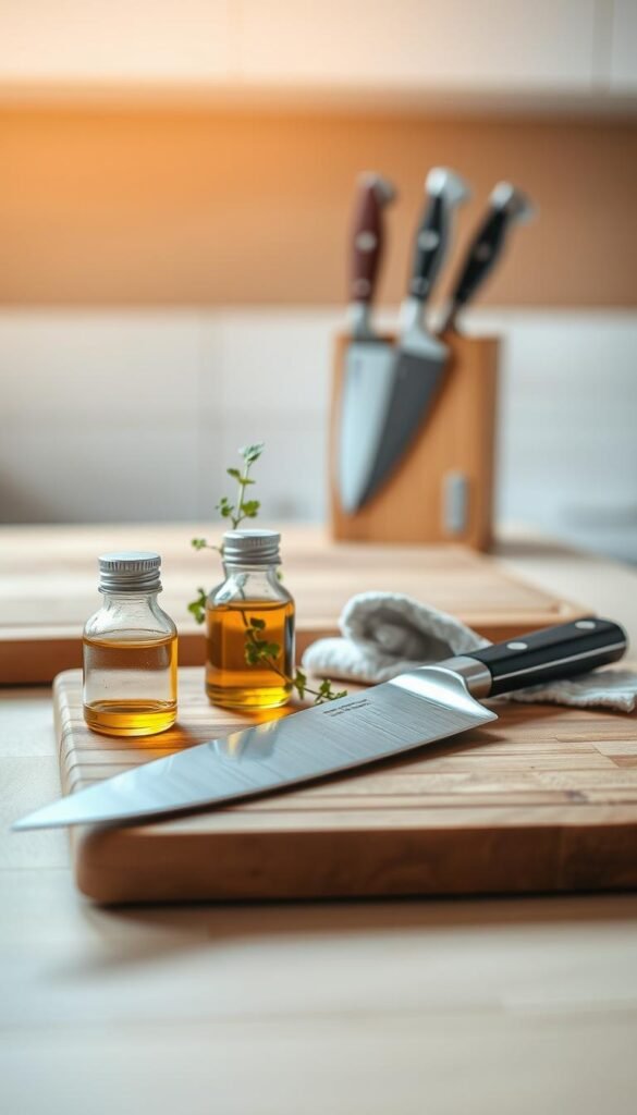 A minimalist kitchen setting featuring a beautifully crafted chef's knife placed on a wooden cutting board. In the foreground, the knife gleams under soft, natural light, highlighting its sharp blade and elegant handle. Next to it, a small bottle of oil and a cloth for care are arranged neatly, emphasizing the importance of maintenance. In the middle ground, a simple herb plant adds a touch of greenery, while a sleek knife block sits against the kitchen wall, showcasing other essential knives. The background fades softly, with warm, neutral tones that create a cozy atmosphere. The overall mood is calm and inviting, ideal for conveying care and longevity in kitchen essentials. A minimalist kitchen setting featuring a beautifully crafted chef's knife placed on a wooden cutting board. In the foreground, the knife gleams under soft, natural light, highlighting its sharp blade and elegant handle. Next to it, a small bottle of oil and a cloth for care are arranged neatly, emphasizing the importance of maintenance. In the middle ground, a simple herb plant adds a touch of greenery, while a sleek knife block sits against the kitchen wall, showcasing other essential knives. The background fades softly, with warm, neutral tones that create a cozy atmosphere. The overall mood is calm and inviting, ideal for conveying care and longevity in kitchen essentials.