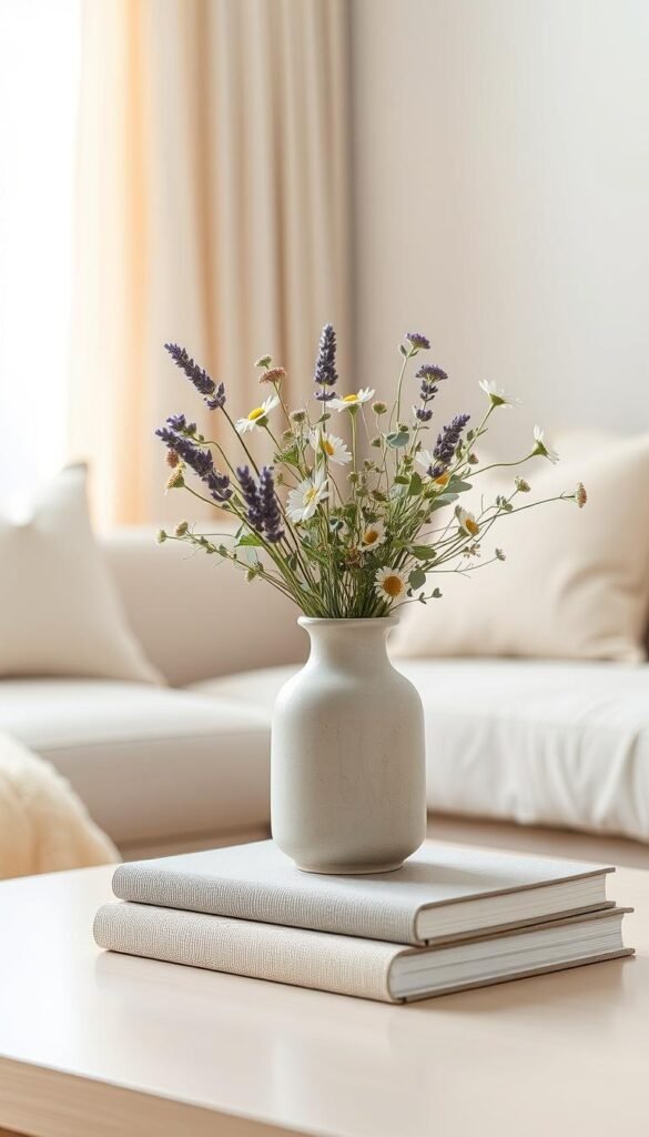 A minimalist vase filled with a simple arrangement of delicate wildflowers in soft pastel colors, positioned elegantly on a neutral-toned coffee table. The vase is ceramic, featuring a subtle matte finish, and the flowers include lavender, daisies, and eucalyptus for a harmonious look. In the middle ground, a stack of neatly organized coffee table books with a textured cover complements the scene. The background features a soft, blurred view of a cozy living room with light, airy curtains letting in gentle sunlight, creating a warm and inviting atmosphere. The lighting is diffused and natural, capturing the serene feel of minimalist styling. The overall mood is calm, balanced, and organized, perfect for inspiring a simple yet refined aesthetic in interior spaces. A minimalist vase filled with a simple arrangement of delicate wildflowers in soft pastel colors, positioned elegantly on a neutral-toned coffee table. The vase is ceramic, featuring a subtle matte finish, and the flowers include lavender, daisies, and eucalyptus for a harmonious look. In the middle ground, a stack of neatly organized coffee table books with a textured cover complements the scene. The background features a soft, blurred view of a cozy living room with light, airy curtains letting in gentle sunlight, creating a warm and inviting atmosphere. The lighting is diffused and natural, capturing the serene feel of minimalist styling. The overall mood is calm, balanced, and organized, perfect for inspiring a simple yet refined aesthetic in interior spaces.