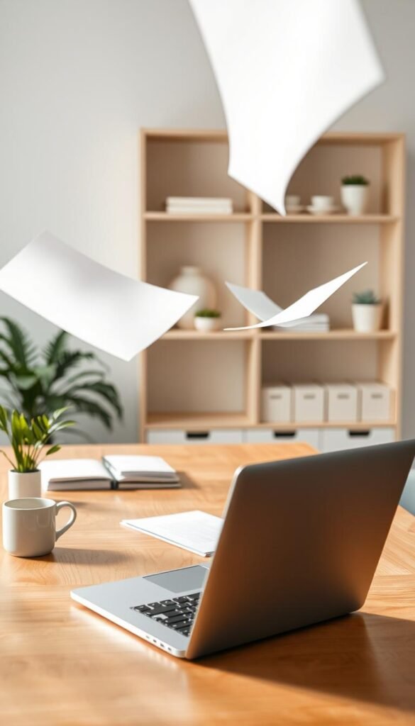 A minimalist workspace featuring a clean desk with neatly organized papers flowing gently in the air as if caught in a breeze. In the foreground, focus on a stylish wooden desk with a few essential items: a sleek laptop, a small potted plant, and a ceramic mug. In the middle ground, delicate sheets of paper, documents, and folders transition smoothly, illustrating the concept of organized flow. The background is softly blurred, showcasing minimalistic shelves with a light color palette, housing only a few decorative items. Ambient soft lighting creates a calm atmosphere and highlights the textures of the paper, enhancing the sense of simplicity and order. Use a wide-angle lens to capture the full composition, emphasizing a bright and airy feel.