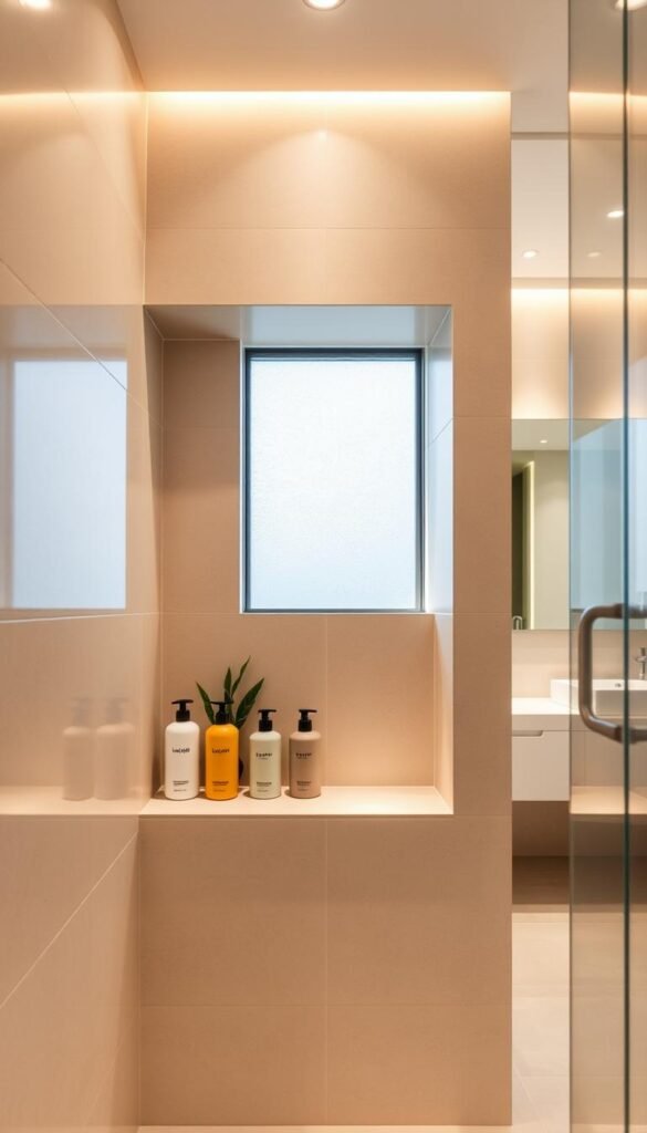A modern bathroom featuring a built-in wall niche for shower storage, elegantly recessed into a tile wall. In the foreground, the niche displays neatly organized toiletries, including shampoo bottles, body wash, and a decorative plant accent, creating a sense of tranquility and order. The middle section showcases a sleek, minimalist design with polished tiles reflecting soft, natural light through a frosted glass window, enhancing the spaciousness. The background features a softly illuminated vanity with a mirror, adding depth to the setting. The atmosphere is calm and inviting, with warm, neutral tones dominating the color palette. The image is taken from a slightly angled perspective, emphasizing the niche's functionality and aesthetic appeal, without any text or distractions present.