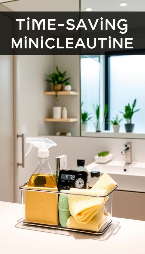 A modern bathroom scene focused on a time-saving mini-clean routine. In the foreground, a handsomely organized cleaning caddy filled with eco-friendly cleaning supplies, including a spray bottle, microfiber cloths, and a timer, is placed on a sleek countertop. The middle of the image shows a bright, well-lit bathroom with a sparkling clean sink and neatly arranged toiletries. In the background, a mirror reflects a tidy shower area and a minimalist shelf with plants, creating a fresh atmosphere. Soft natural light filters through a frosted window, enhancing the clean and inviting feel. The overall mood is efficient and calm, portraying the idea of quick cleanliness in a stylish, functional space. A modern bathroom scene focused on a time-saving mini-clean routine. In the foreground, a handsomely organized cleaning caddy filled with eco-friendly cleaning supplies, including a spray bottle, microfiber cloths, and a timer, is placed on a sleek countertop. The middle of the image shows a bright, well-lit bathroom with a sparkling clean sink and neatly arranged toiletries. In the background, a mirror reflects a tidy shower area and a minimalist shelf with plants, creating a fresh atmosphere. Soft natural light filters through a frosted window, enhancing the clean and inviting feel. The overall mood is efficient and calm, portraying the idea of quick cleanliness in a stylish, functional space.