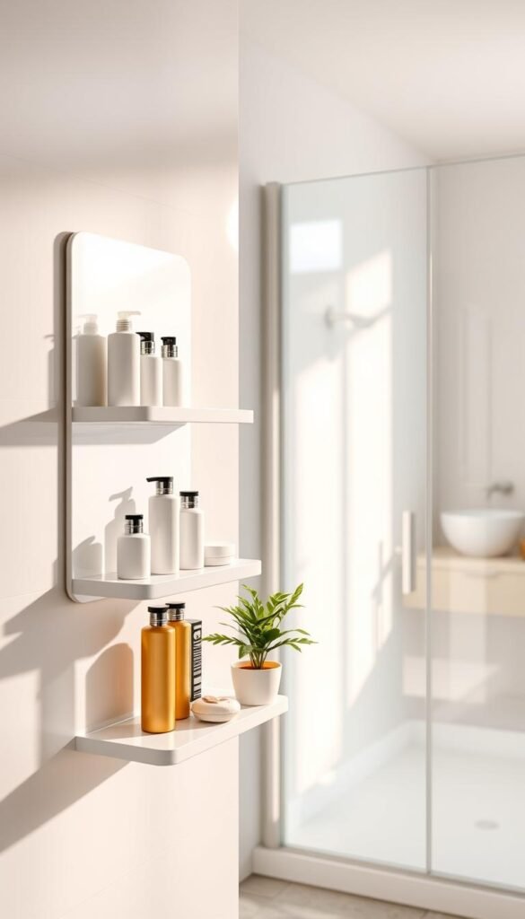 A modern bathroom scene showcasing an innovative suction wall storage solution. The foreground features a sleek, white suction shelf filled with neatly organized bath essentials, such as shampoo bottles, a bar of soap, and a small potted plant for a touch of greenery. In the middle, the suction wall has a glossy finish that reflects soft, ambient lighting, enhancing the clean aesthetics. The background reveals light-colored tiles, a frosted glass shower door, and a hint of a stylish, minimalistic decor. The composition should have a warm, welcoming atmosphere, accented by gentle natural light filtering in, creating a serene and efficient bathing environment. Capture this scene from a slightly elevated angle, providing a comprehensive view of the storage solution in action.