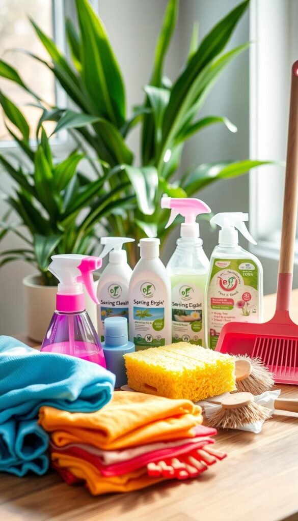 A modern cleaning kit arranged on a wooden table. In the foreground, a variety of colorful cleaning tools like a spray bottle, microfiber cloths, a broom, and a dustpan are neatly organized. The middle layer features a bright, well-lit area showcasing a sponge, a scrub brush, and biodegradable cleaning solutions in eco-friendly packaging, all set against a soft, blurred background of lush green plants that suggest a fresh spring atmosphere. Natural sunlight streams in from a nearby window, casting soft shadows and creating a warm, inviting mood. The scene is shot from a slightly elevated angle, emphasizing the vibrant colors and textures of the tools while maintaining a clean, professional aesthetic ideal for a seasonal cleaning guide. A modern cleaning kit arranged on a wooden table. In the foreground, a variety of colorful cleaning tools like a spray bottle, microfiber cloths, a broom, and a dustpan are neatly organized. The middle layer features a bright, well-lit area showcasing a sponge, a scrub brush, and biodegradable cleaning solutions in eco-friendly packaging, all set against a soft, blurred background of lush green plants that suggest a fresh spring atmosphere. Natural sunlight streams in from a nearby window, casting soft shadows and creating a warm, inviting mood. The scene is shot from a slightly elevated angle, emphasizing the vibrant colors and textures of the tools while maintaining a clean, professional aesthetic ideal for a seasonal cleaning guide.