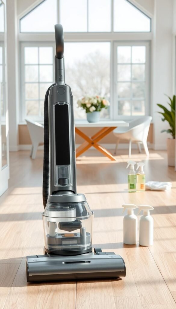 A modern cleaning system showcased in a sleek, well-lit environment. In the foreground, feature a stylish, high-efficiency vacuum cleaner with a transparent dustbin, surrounded by cleaning supplies like eco-friendly spray bottles and microfiber cloths arranged neatly. The middle ground highlights a tidy room with polished hardwood floors and a fresh bouquet of flowers on a minimalist table, creating balance and calmness. In the background, large windows allow natural light to flood the space, enhancing the sense of tranquility. The color palette is soft and soothing, with shades of white and pastel accents. The image should convey an atmosphere of organized simplicity, demonstrating effective and consistent cleaning methods. Use bright, even lighting to emphasize cleanliness and a sense of peace. A modern cleaning system showcased in a sleek, well-lit environment. In the foreground, feature a stylish, high-efficiency vacuum cleaner with a transparent dustbin, surrounded by cleaning supplies like eco-friendly spray bottles and microfiber cloths arranged neatly. The middle ground highlights a tidy room with polished hardwood floors and a fresh bouquet of flowers on a minimalist table, creating balance and calmness. In the background, large windows allow natural light to flood the space, enhancing the sense of tranquility. The color palette is soft and soothing, with shades of white and pastel accents. The image should convey an atmosphere of organized simplicity, demonstrating effective and consistent cleaning methods. Use bright, even lighting to emphasize cleanliness and a sense of peace.