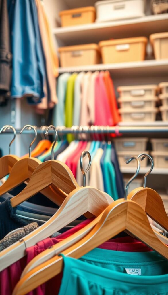 A modern closet scene featuring a variety of stylish hangers. In the foreground, showcase a set of elegant wooden hangers neatly holding a selection of colorful clothing items, creating a sense of organization. In the middle section, display a series of vibrant fabric and metal hangers, arranged in an orderly fashion, with clothes smoothly draped over them. In the background, softly blurred, include neatly organized containers and bins for additional storage, offering a practical feel. The lighting is bright and inviting, highlighting the textures of the hangers and clothing, while a wide-angle view captures the entire composition. Aim for a clean, decluttered atmosphere that exudes efficiency and style, perfect for a closet makeover theme. A modern closet scene featuring a variety of stylish hangers. In the foreground, showcase a set of elegant wooden hangers neatly holding a selection of colorful clothing items, creating a sense of organization. In the middle section, display a series of vibrant fabric and metal hangers, arranged in an orderly fashion, with clothes smoothly draped over them. In the background, softly blurred, include neatly organized containers and bins for additional storage, offering a practical feel. The lighting is bright and inviting, highlighting the textures of the hangers and clothing, while a wide-angle view captures the entire composition. Aim for a clean, decluttered atmosphere that exudes efficiency and style, perfect for a closet makeover theme.