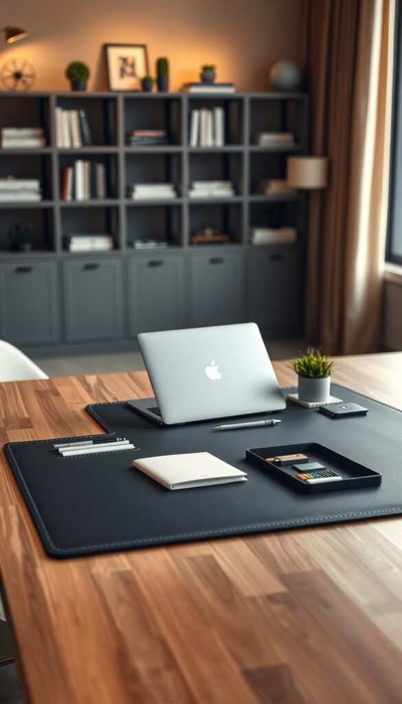A modern desk mat with hidden storage capabilities, crafted from sleek, high-quality leather in a deep navy color. The foreground features the desk mat neatly laid out on a minimalist wooden desk, with various office supplies subtly tucked away in its hidden compartments. In the middle ground, a stylish, minimalist laptop rests atop the mat, surrounded by organized stationery—pens, notepads, and a small potted plant, adding a touch of greenery. The background showcases a softly lit, contemporary office space with shelves holding books and decorative items, contributing to a serene and focused atmosphere. Warm, natural light filters through a nearby window, creating a calm and inviting mood, emphasizing the importance of organization for mental clarity. The angle captures the desk from a slight overhead perspective, showcasing both the mat and the organized workspace around it.