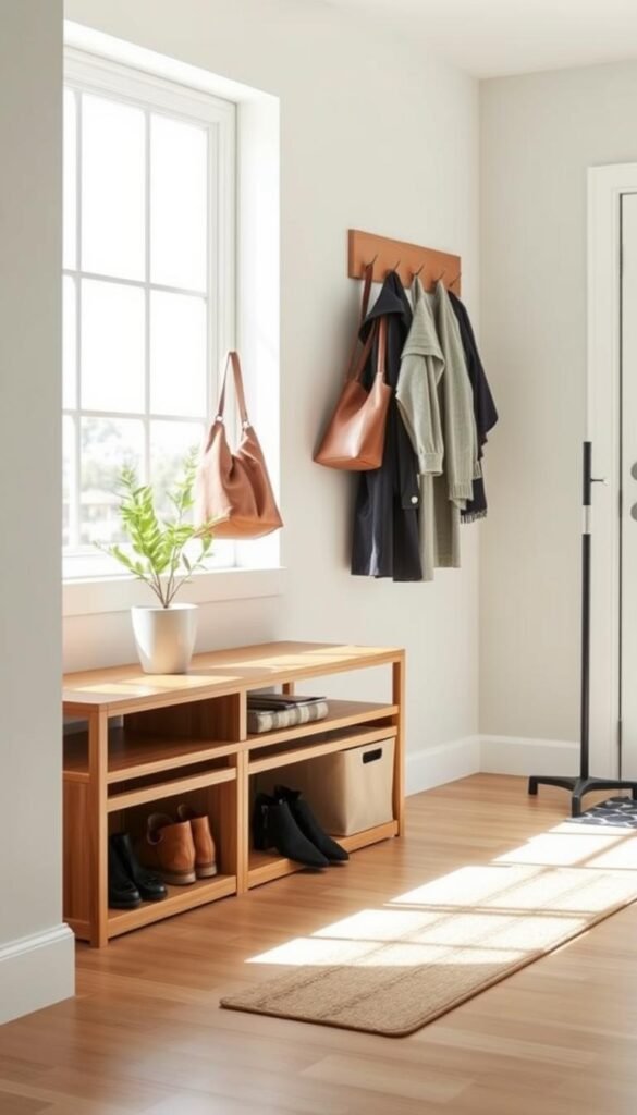 A modern entryway drop zone designed to keep the kitchen organized, featuring a sleek wooden bench with storage bins underneath for shoes and bags. In the foreground, a decorative coat rack holds stylish coats and bags, while a small potted plant adds a touch of greenery. In the middle ground, a stylish umbrella stand completes the look, and a shoe mat is placed right in front of the bench. The background showcases bright, airy walls painted in soft pastel colors, enhancing the welcoming atmosphere. Soft, natural lighting filters through a large, adjacent window, casting gentle shadows that enhance depth. The scene conveys a clean, organized, and inviting entryway, ideal for maintaining a clutter-free kitchen. A modern entryway drop zone designed to keep the kitchen organized, featuring a sleek wooden bench with storage bins underneath for shoes and bags. In the foreground, a decorative coat rack holds stylish coats and bags, while a small potted plant adds a touch of greenery. In the middle ground, a stylish umbrella stand completes the look, and a shoe mat is placed right in front of the bench. The background showcases bright, airy walls painted in soft pastel colors, enhancing the welcoming atmosphere. Soft, natural lighting filters through a large, adjacent window, casting gentle shadows that enhance depth. The scene conveys a clean, organized, and inviting entryway, ideal for maintaining a clutter-free kitchen.