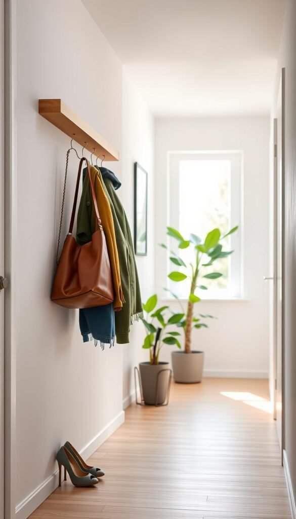 A modern entryway featuring a sleek wall rack, designed for maximizing vertical space. In the foreground, a slim wooden wall rack holds an array of neatly organized items: colorful jackets, a stylish handbag, and a pair of shoes positioned below. In the middle ground, a vibrant potted plant adds a touch of greenery alongside a minimalist umbrella stand. The background showcases a bright and airy hallway with soft natural light pouring in from a nearby window, creating a welcoming atmosphere. The scene is shot with a wide-angle lens to capture the depth of the space, enhancing the feeling of openness and decluttering. The mood is calm and organized, reflecting a fresh start to entering the home.