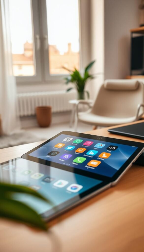 A modern home screen displayed on a sleek tablet lying on a cozy, minimalist desk. In the foreground, the tablet features colorful, organized app icons representing various categories like productivity, entertainment, and wellness, showcasing a digital decluttered aesthetic. The middle ground includes a stylish, ergonomic chair and a potted plant to convey a calming workspace. In the background, soft natural light filters through a large window, illuminating a tidy room with simple decor. The mood is serene and focused, emphasizing clarity and simplicity in a digital environment. The scene is captured from a slight overhead angle with a warm color palette, suggesting a peaceful and inviting atmosphere for a lighter digital home. A modern home screen displayed on a sleek tablet lying on a cozy, minimalist desk. In the foreground, the tablet features colorful, organized app icons representing various categories like productivity, entertainment, and wellness, showcasing a digital decluttered aesthetic. The middle ground includes a stylish, ergonomic chair and a potted plant to convey a calming workspace. In the background, soft natural light filters through a large window, illuminating a tidy room with simple decor. The mood is serene and focused, emphasizing clarity and simplicity in a digital environment. The scene is captured from a slight overhead angle with a warm color palette, suggesting a peaceful and inviting atmosphere for a lighter digital home.