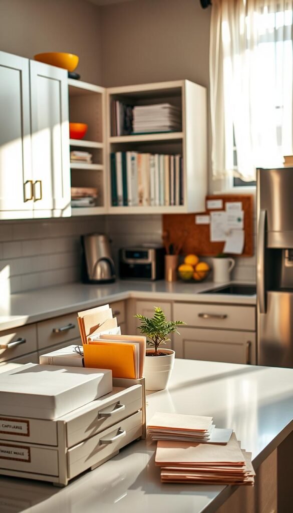 A modern kitchen bathed in warm, natural light, showcasing an organized space for managing mail and incoming papers. In the foreground, a neatly arranged countertop features a stylish document organizer, colorful envelopes, and a small potted plant for a touch of greenery. The middle of the scene highlights sleek cabinets with labeled drawers, open shelves filled with neatly stacked cookbooks, and a bulletin board displaying important notes and reminders. The background reveals stainless steel appliances, vibrant fruit bowls, and a window with sheer curtains allowing soft sunlight to filter through, enhancing the atmosphere of productivity and calm. Capture this scene from a slight angle to emphasize depth, focusing on a clean, inviting workspace perfect for handling everyday paperwork. A modern kitchen bathed in warm, natural light, showcasing an organized space for managing mail and incoming papers. In the foreground, a neatly arranged countertop features a stylish document organizer, colorful envelopes, and a small potted plant for a touch of greenery. The middle of the scene highlights sleek cabinets with labeled drawers, open shelves filled with neatly stacked cookbooks, and a bulletin board displaying important notes and reminders. The background reveals stainless steel appliances, vibrant fruit bowls, and a window with sheer curtains allowing soft sunlight to filter through, enhancing the atmosphere of productivity and calm. Capture this scene from a slight angle to emphasize depth, focusing on a clean, inviting workspace perfect for handling everyday paperwork.
