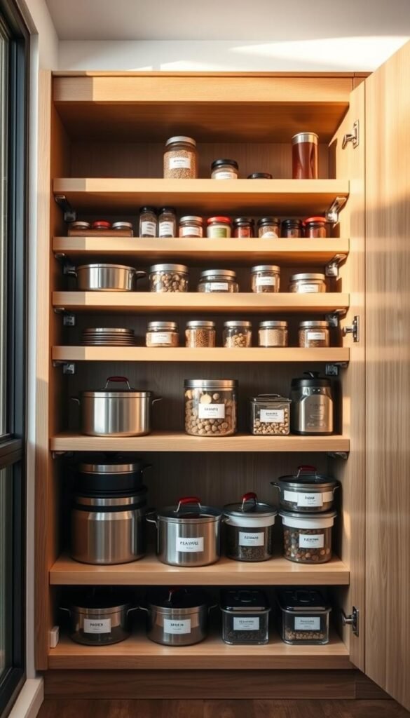 A modern kitchen cabinet with multiple shelves organized for optimal storage, showcasing shelf risers and under-shelf add-ons. The foreground features neatly stacked pots and pans on the lowest shelf, with labeled containers for various pantry items visible in the middle ground. The upper shelves display spice jars arranged in a tiered manner, making them easily accessible. Soft, natural lighting filters through a nearby window, highlighting the smooth wood finish of the cabinet and casting gentle shadows for depth. The background includes a blurred view of a stylish kitchen, enhancing the atmosphere of efficiency and clever design. The overall mood is inviting yet practical, perfect for small kitchen storage solutions.