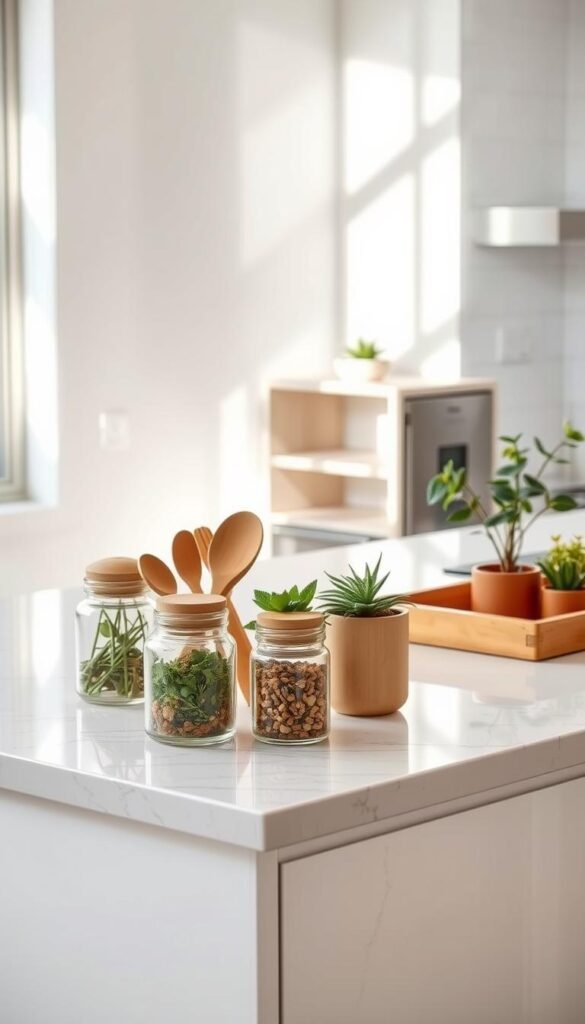 A modern kitchen countertop featuring a minimalist design with organized decluttering solutions. In the foreground, an elegant, white marble countertop displays various stylish storage options such as clear glass jars filled with herbs and spices, wooden trays for utensils, and potted indoor plants for a touch of greenery. In the middle, a sleek, stainless steel kitchen appliance is partially visible, complementing the aesthetic. The background reveals soft, natural lighting streaming through a nearby window, casting gentle shadows that enhance the serene atmosphere. The scene is captured from a slightly elevated angle, showcasing a harmonious blend of functionality and beauty, inviting viewers to envision a clutter-free kitchen experience. A modern kitchen countertop featuring a minimalist design with organized decluttering solutions. In the foreground, an elegant, white marble countertop displays various stylish storage options such as clear glass jars filled with herbs and spices, wooden trays for utensils, and potted indoor plants for a touch of greenery. In the middle, a sleek, stainless steel kitchen appliance is partially visible, complementing the aesthetic. The background reveals soft, natural lighting streaming through a nearby window, casting gentle shadows that enhance the serene atmosphere. The scene is captured from a slightly elevated angle, showcasing a harmonious blend of functionality and beauty, inviting viewers to envision a clutter-free kitchen experience.