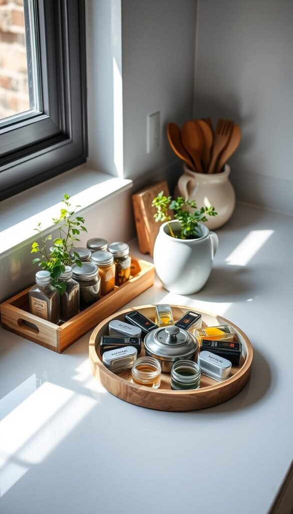 A modern kitchen countertop organized with a variety of stylish items. In the foreground, a wooden tray holds several neatly arranged spices in elegant glass jars and a small potted herb plant, creating a cohesive look. To the side, a charming ceramic crock displays cooking utensils, adding a pop of color. Centered on the countertop, a round lazy Susan features an assortment of oils and vinegars, inviting use. Soft natural sunlight streams in from a nearby window, casting gentle shadows and creating a warm atmosphere. The scene captures the essence of calm and order, with subtle textures from the wood and ceramic contrasting beautifully against the sleek countertop. The angle is slightly above eye level to showcase the organized elements harmoniously.