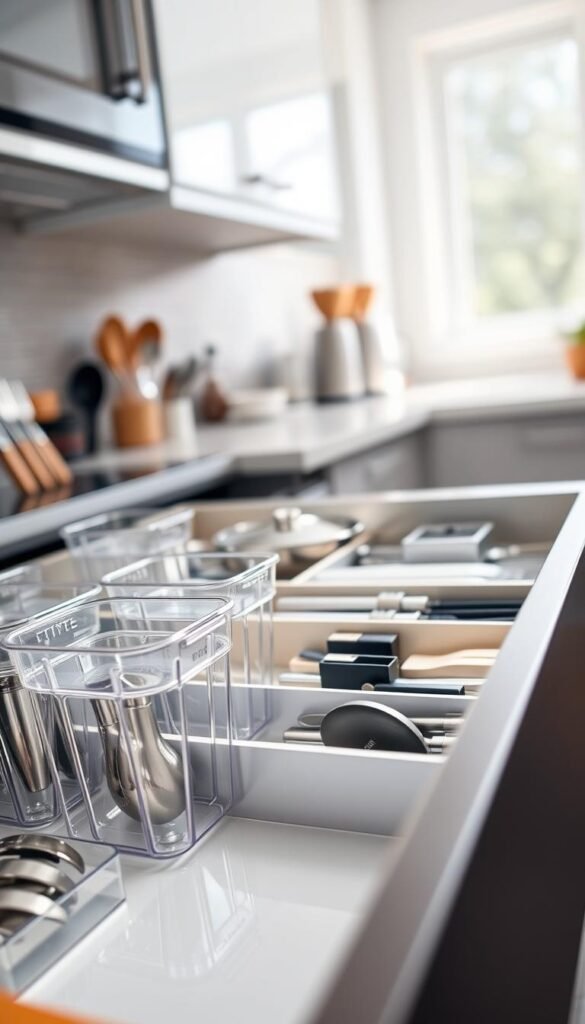 A modern kitchen drawer showcasing neatly organized clear bins and dividers filled with kitchen utensils, cutlery, and small cooking gadgets. The foreground features transparent bins in various sizes, each labeled for easy identification, neatly separated by sleek, adjustable dividers that enhance accessibility. In the middle ground, a soft-focus view of the drawer's interior highlights the tidy arrangement and the materials' sheen. The background softly blurs out to reveal a bright and airy kitchen ambiance, with natural light streaming in from a nearby window, casting gentle shadows. Use a wide-angle lens perspective to capture the entirety of the drawer's contents, creating an inviting and functional atmosphere that emphasizes organization and efficiency in everyday kitchen tasks. A modern kitchen drawer showcasing neatly organized clear bins and dividers filled with kitchen utensils, cutlery, and small cooking gadgets. The foreground features transparent bins in various sizes, each labeled for easy identification, neatly separated by sleek, adjustable dividers that enhance accessibility. In the middle ground, a soft-focus view of the drawer's interior highlights the tidy arrangement and the materials' sheen. The background softly blurs out to reveal a bright and airy kitchen ambiance, with natural light streaming in from a nearby window, casting gentle shadows. Use a wide-angle lens perspective to capture the entirety of the drawer's contents, creating an inviting and functional atmosphere that emphasizes organization and efficiency in everyday kitchen tasks.