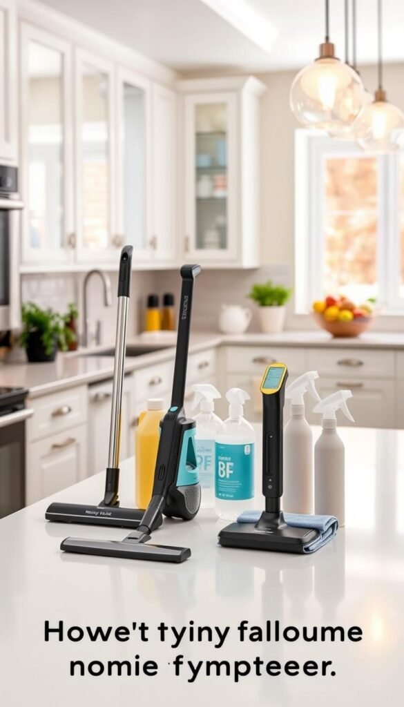 A modern kitchen featuring a compact mini system for efficient room-by-room cleaning. In the foreground, showcase the mini system on a sleek countertop, including various cleaning tools neatly arranged: a small vacuum, multi-surface cleaner, and microfiber cloths. In the middle ground, depict bright, clean cabinetry and an organized kitchen space with fresh herbs on a windowsill and a bowl of fruit on the table. The background should include a warm, inviting glow from pendant lighting, creating a cheerful atmosphere. Use a wide-angle lens to capture the entire kitchen, emphasizing cleanliness and order. The image conveys a motivating, inspiring feeling for streamlined house upkeep. A modern kitchen featuring a compact mini system for efficient room-by-room cleaning. In the foreground, showcase the mini system on a sleek countertop, including various cleaning tools neatly arranged: a small vacuum, multi-surface cleaner, and microfiber cloths. In the middle ground, depict bright, clean cabinetry and an organized kitchen space with fresh herbs on a windowsill and a bowl of fruit on the table. The background should include a warm, inviting glow from pendant lighting, creating a cheerful atmosphere. Use a wide-angle lens to capture the entire kitchen, emphasizing cleanliness and order. The image conveys a motivating, inspiring feeling for streamlined house upkeep.