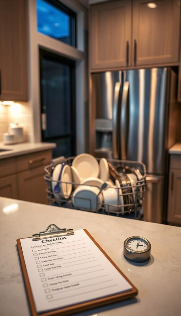 A modern kitchen scene featuring an open dishwasher filled with neatly arranged sparkling clean dishes, pots, and utensils. In the foreground, a polished countertop holds a checklist on a clipboard and a timer, symbolizing the theme of order and efficiency. Soft, warm lighting illuminates the kitchen, creating a cozy atmosphere. The middle ground presents a sleek, stainless-steel refrigerator and cabinets, showcasing a tidy environment. In the background, a window reveals a serene night sky, enhancing the idea of a nightly routine. The scene is captured from a slightly elevated angle, providing a comprehensive view of the organized kitchen space that conveys a sense of cleanliness and simplicity, ideal for promoting everyday systems in the home. A modern kitchen scene featuring an open dishwasher filled with neatly arranged sparkling clean dishes, pots, and utensils. In the foreground, a polished countertop holds a checklist on a clipboard and a timer, symbolizing the theme of order and efficiency. Soft, warm lighting illuminates the kitchen, creating a cozy atmosphere. The middle ground presents a sleek, stainless-steel refrigerator and cabinets, showcasing a tidy environment. In the background, a window reveals a serene night sky, enhancing the idea of a nightly routine. The scene is captured from a slightly elevated angle, providing a comprehensive view of the organized kitchen space that conveys a sense of cleanliness and simplicity, ideal for promoting everyday systems in the home.
