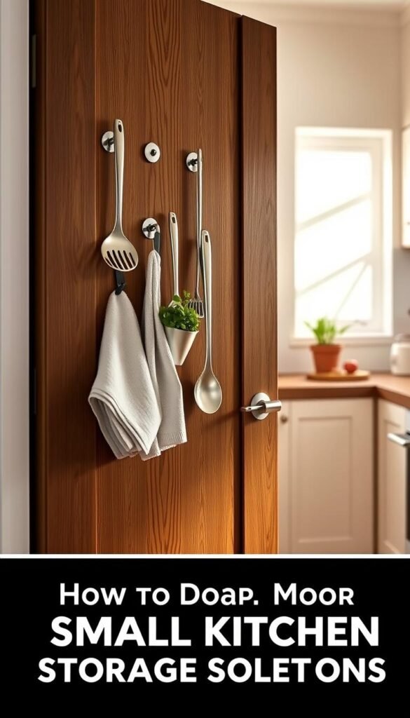 A modern kitchen scene featuring various door hooks designed for maximizing storage. In the foreground, a stylish wooden door with sleek metal hooks securely holding kitchen utensils, dish towels, and a small potted herb. The middle ground showcases a compact kitchen, with cabinets and shelving, highlighting the innovative use of vertical space. The background reveals soft, natural light streaming through a nearby window, casting gentle shadows and creating a warm, inviting atmosphere. Focus on a contemporary design, ensuring clean lines and a tidy layout. Capture the essence of organized functionality, encouraging viewers to envision effective small kitchen storage solutions. Use a wide-angle lens to emphasize the compact arrangement, and ensure the image is bright and airy, reflecting a cheerful cooking environment.