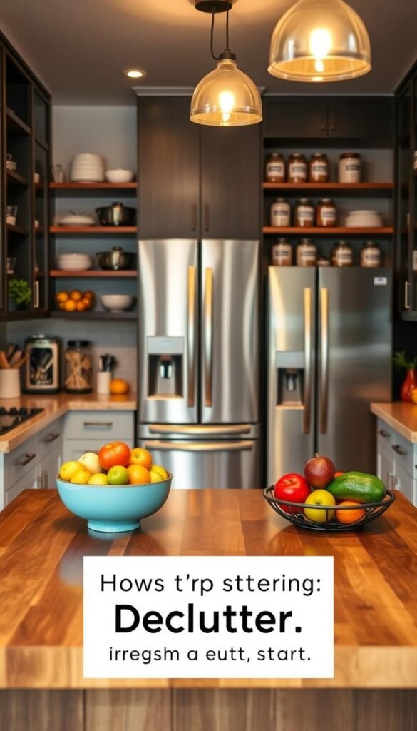 A modern kitchen scene showcasing a clutter-free environment, filled with organized cabinets, neatly arranged cookware, and fresh produce on the countertops. In the foreground, a polished wooden island features a vibrant fruit bowl and essential cooking tools. The middle of the image highlights gleaming appliances, including a stainless steel refrigerator and an oven with a clean surface. The background reveals a well-organized pantry with labeled jars and canisters, softly lit by warm pendant lights to create an inviting atmosphere. The image is shot from a slightly elevated angle to capture the whole space, providing a sense of openness and tranquility that evokes a fresh start in decluttering. The overall mood is bright, friendly, and motivating, ideal for inspiring kitchen organization. A modern kitchen scene showcasing a clutter-free environment, filled with organized cabinets, neatly arranged cookware, and fresh produce on the countertops. In the foreground, a polished wooden island features a vibrant fruit bowl and essential cooking tools. The middle of the image highlights gleaming appliances, including a stainless steel refrigerator and an oven with a clean surface. The background reveals a well-organized pantry with labeled jars and canisters, softly lit by warm pendant lights to create an inviting atmosphere. The image is shot from a slightly elevated angle to capture the whole space, providing a sense of openness and tranquility that evokes a fresh start in decluttering. The overall mood is bright, friendly, and motivating, ideal for inspiring kitchen organization.