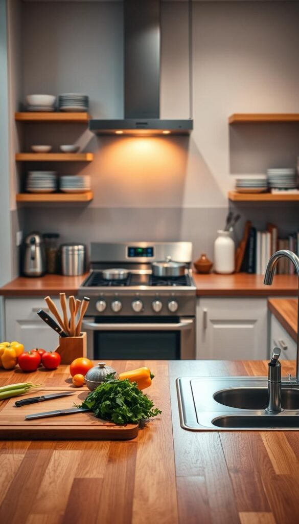 A modern, minimal kitchen space with multiple surfaces organized for efficiency. In the foreground, a polished wooden countertop with neatly arranged ingredients and tools for cooking, such as a knife set, cutting board, and colorful vegetables. In the middle ground, a stainless steel stove and a clean sink, both reflecting soft, natural light filtering through a nearby window. The background features shelves with neatly stacked dishes and cooking books, conveying a sense of order and cleanliness. Warm, inviting lighting creates a focused yet relaxed atmosphere, promoting the idea of gentle habits in maintaining a harmonious kitchen environment. The overall mood is calm and productive, emphasizing clarity and organization.