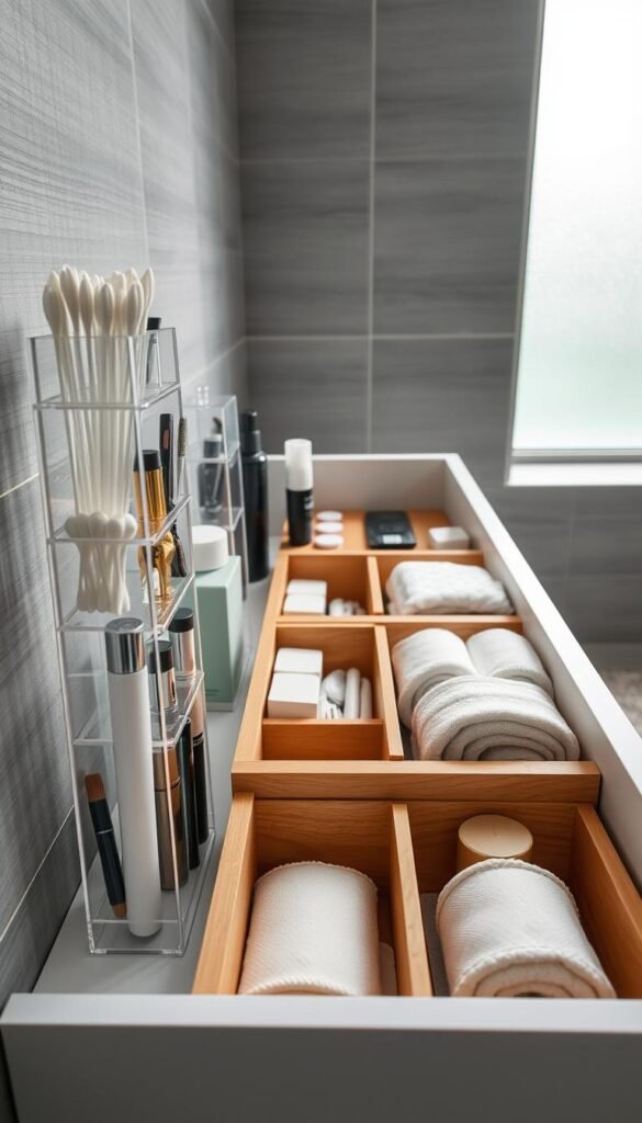 A modern, minimalist bathroom drawer showcasing innovative small space storage solutions. In the foreground, vertical organizers made of clear acrylic hold a variety of toiletries such as cotton swabs, skincare products, and grooming tools, neatly arranged to maximize space. In the middle, narrow wooden drawers slide open, revealing compartmentalized sections filled with rolled towels and travel-sized containers. The background features textured, soft gray tiles and subtle natural light streaming through a frosted window, creating a calm and inviting atmosphere. The angle is slightly overhead, emphasizing the drawer's depth and organization while highlighting the clever use of vertical space. The overall mood is serene and efficient, ideal for a clutter-free minimalist style. A modern, minimalist bathroom drawer showcasing innovative small space storage solutions. In the foreground, vertical organizers made of clear acrylic hold a variety of toiletries such as cotton swabs, skincare products, and grooming tools, neatly arranged to maximize space. In the middle, narrow wooden drawers slide open, revealing compartmentalized sections filled with rolled towels and travel-sized containers. The background features textured, soft gray tiles and subtle natural light streaming through a frosted window, creating a calm and inviting atmosphere. The angle is slightly overhead, emphasizing the drawer's depth and organization while highlighting the clever use of vertical space. The overall mood is serene and efficient, ideal for a clutter-free minimalist style.