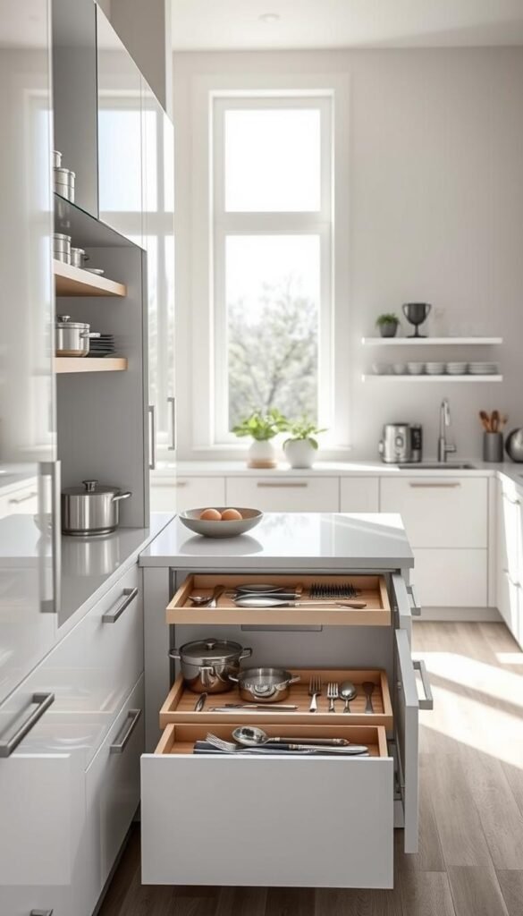 A modern minimalist kitchen featuring smart storage solutions. In the foreground, sleek white cabinets with integrated handle-less designs showcase organized compartments filled with kitchen essentials like pots, pans, and utensils, blending seamlessly into the cabinetry. The middle ground features a spacious kitchen island with drawers that open to reveal neatly arranged cutlery and kitchen tools. Counter space is clear, highlighting beautiful plant decor and minimalistic appliances. In the background, a sunlit window illuminates the space, casting soft shadows. The atmosphere is fresh and inviting, with a clean and airy feel. The image is captured from a slightly elevated angle, emphasizing the function and elegance of the smart kitchen storage in a cohesive, stylish design. A modern minimalist kitchen featuring smart storage solutions. In the foreground, sleek white cabinets with integrated handle-less designs showcase organized compartments filled with kitchen essentials like pots, pans, and utensils, blending seamlessly into the cabinetry. The middle ground features a spacious kitchen island with drawers that open to reveal neatly arranged cutlery and kitchen tools. Counter space is clear, highlighting beautiful plant decor and minimalistic appliances. In the background, a sunlit window illuminates the space, casting soft shadows. The atmosphere is fresh and inviting, with a clean and airy feel. The image is captured from a slightly elevated angle, emphasizing the function and elegance of the smart kitchen storage in a cohesive, stylish design.