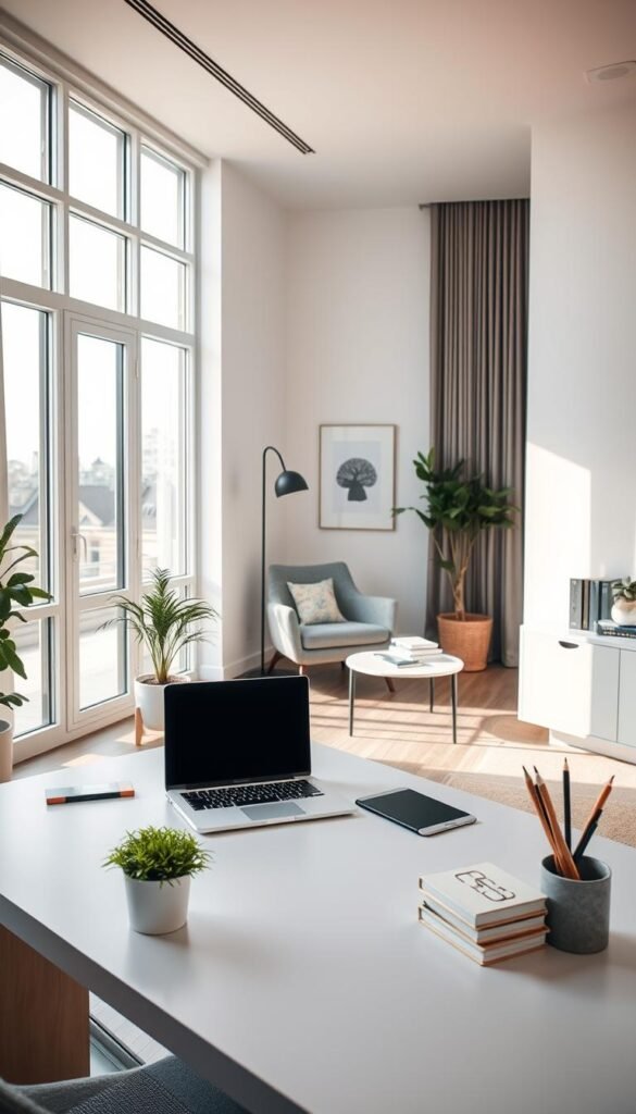 A modern, minimalistic smart room designed for productivity and relaxation. In the foreground, a sleek, organized workspace featuring a stylish desk with a laptop, a potted plant, and a neatly arranged set of stationery. The middle ground reveals a cozy seating area with a comfortable armchair and a small coffee table, adorned with a couple of curated books. In the background, large windows allow natural light to flood the room, illuminating soft, neutral-colored walls. The atmosphere conveys a sense of calm and focus, inviting deep work and reflection. The lighting is bright yet soft, creating a welcoming environment. Use a wide-angle lens to capture the spaciousness and clarity of the design, emphasizing the organized and decluttered essence of a smart living space. A modern, minimalistic smart room designed for productivity and relaxation. In the foreground, a sleek, organized workspace featuring a stylish desk with a laptop, a potted plant, and a neatly arranged set of stationery. The middle ground reveals a cozy seating area with a comfortable armchair and a small coffee table, adorned with a couple of curated books. In the background, large windows allow natural light to flood the room, illuminating soft, neutral-colored walls. The atmosphere conveys a sense of calm and focus, inviting deep work and reflection. The lighting is bright yet soft, creating a welcoming environment. Use a wide-angle lens to capture the spaciousness and clarity of the design, emphasizing the organized and decluttered essence of a smart living space.