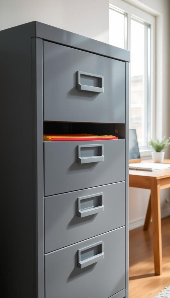 A modern, neatly organized filing cabinet in a bright home office setting. The cabinet is metallic gray with three open drawers, each filled with color-coded hanging file folders. Bright, natural light pours in through a nearby window, casting soft shadows and highlighting the textures of the cabinet. In the background, there is a wooden desk with a few neatly stacked papers and a small potted plant, creating a fresh and inviting atmosphere. The angle of the shot is slightly elevated, focusing on the cabinet's contents while providing a glimpse of the desk. The overall mood is calm and efficient, reflecting a sense of order and simplicity in managing important papers. A modern, neatly organized filing cabinet in a bright home office setting. The cabinet is metallic gray with three open drawers, each filled with color-coded hanging file folders. Bright, natural light pours in through a nearby window, casting soft shadows and highlighting the textures of the cabinet. In the background, there is a wooden desk with a few neatly stacked papers and a small potted plant, creating a fresh and inviting atmosphere. The angle of the shot is slightly elevated, focusing on the cabinet's contents while providing a glimpse of the desk. The overall mood is calm and efficient, reflecting a sense of order and simplicity in managing important papers.