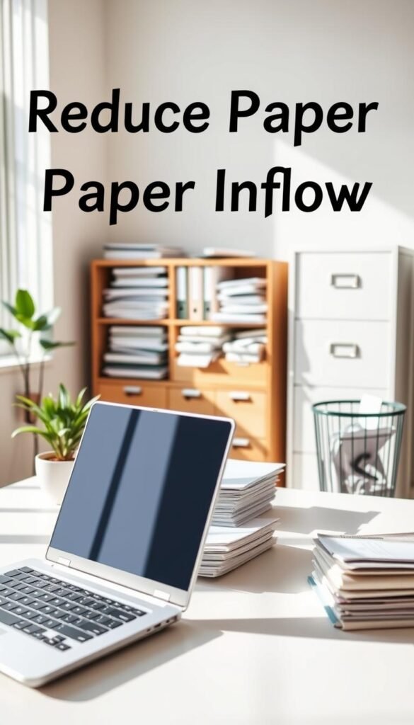 A modern, organized home office showcasing effective paper management to symbolize "Reduce Paper Inflow." In the foreground, a stylish desk with a laptop, neatly stacked folders, and a small plant, reflecting a professional atmosphere. The middle ground features a tidy filing cabinet with organized files labeled for easy access, and a recycling bin filled with discarded junk mail, emphasizing decluttering. In the background, a bright and airy window letting in natural light, creating a warm, inviting environment. Soft shadows add depth, while a slight blur effect on the background enhances focus on the clutter-free workspace. Overall, the mood is calm and productive, promoting efficiency and organization. A modern, organized home office showcasing effective paper management to symbolize "Reduce Paper Inflow." In the foreground, a stylish desk with a laptop, neatly stacked folders, and a small plant, reflecting a professional atmosphere. The middle ground features a tidy filing cabinet with organized files labeled for easy access, and a recycling bin filled with discarded junk mail, emphasizing decluttering. In the background, a bright and airy window letting in natural light, creating a warm, inviting environment. Soft shadows add depth, while a slight blur effect on the background enhances focus on the clutter-free workspace. Overall, the mood is calm and productive, promoting efficiency and organization.