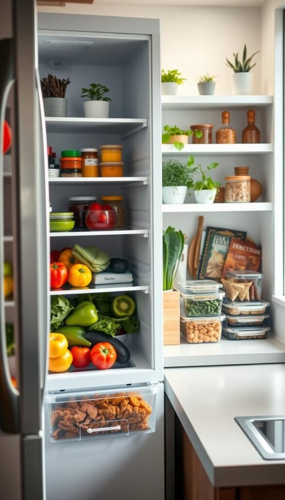 A modern, organized kitchen featuring a beautifully styled fridge filled with fresh produce, neatly arranged condiments, and healthy snacks. In the foreground, showcase the fridge door slightly ajar, revealing colorful fruits and vegetables like vibrant bell peppers, ripe avocados, and crisp greens. The middle ground includes a tidy countertop with storage bins and clear containers holding prepped meals, indicating a smooth flow of refrigerator organization. The background features well-lit shelves with herbs in pots and spices in decorative jars, creating an inviting atmosphere. Soft, natural lighting filters through a nearby window, enhancing the fresh and clean feel of the space. Capture this scene from a slightly elevated angle to highlight the flow and functionality of the fridge within the small kitchen environment.