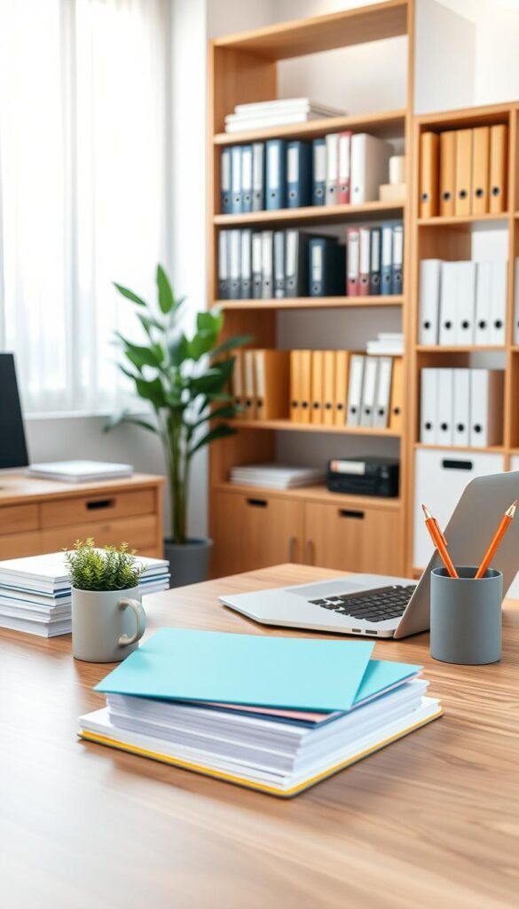 A modern, organized office space featuring a clear work surface with neatly stacked documents, colorful file folders, and an elegant pen holder. In the foreground, a wooden desk with minimal clutter showcases a laptop, a coffee mug, and a potted plant for a touch of green. The middle ground captures a well-organized bookshelf filled with neatly arranged books and files, while a large window in the background lets in soft, natural sunlight, creating a warm and inviting atmosphere. The lighting highlights the clean lines of the office furniture. The overall mood is calm and productive, inspiring a sense of order and efficiency in the workspace. A modern, organized office space featuring a clear work surface with neatly stacked documents, colorful file folders, and an elegant pen holder. In the foreground, a wooden desk with minimal clutter showcases a laptop, a coffee mug, and a potted plant for a touch of green. The middle ground captures a well-organized bookshelf filled with neatly arranged books and files, while a large window in the background lets in soft, natural sunlight, creating a warm and inviting atmosphere. The lighting highlights the clean lines of the office furniture. The overall mood is calm and productive, inspiring a sense of order and efficiency in the workspace.