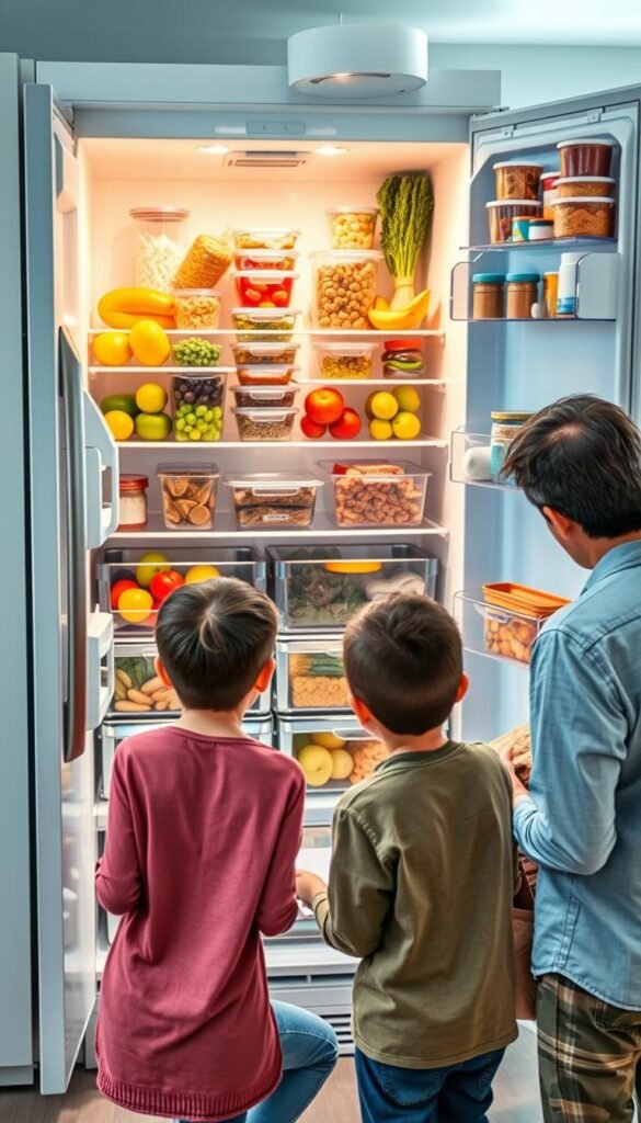 A modern, organized refrigerator filled with colorful, neatly arranged food items, showcasing a daily, weekly, and monthly routine. In the foreground, a family is depicted engaging in fridge organization; they wear modest casual clothing, discussing meal planning with visible lists and organizational tools. The middle section includes the refrigerator door opened, revealing clear containers of fruits, vegetables, and labeled leftovers. In the background, a bright kitchen setting with natural sunlight filtering in through a window, enhancing the fresh, inviting atmosphere. The scene's composition is dynamic, shot from a slightly elevated angle, emphasizing the systematic approach to fridge organization while maintaining a warm, family-friendly mood. A modern, organized refrigerator filled with colorful, neatly arranged food items, showcasing a daily, weekly, and monthly routine. In the foreground, a family is depicted engaging in fridge organization; they wear modest casual clothing, discussing meal planning with visible lists and organizational tools. The middle section includes the refrigerator door opened, revealing clear containers of fruits, vegetables, and labeled leftovers. In the background, a bright kitchen setting with natural sunlight filtering in through a window, enhancing the fresh, inviting atmosphere. The scene's composition is dynamic, shot from a slightly elevated angle, emphasizing the systematic approach to fridge organization while maintaining a warm, family-friendly mood.