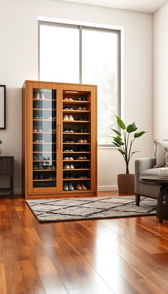 A modern shoe cabinet in a stylish, minimalistic living room setting, showcasing its sleek design with a wood finish and glass doors. The cabinet, elegantly closed, features organized rows of shoes behind the transparent panels, emphasizing tidy storage. In the foreground, a polished hardwood floor reflects soft, natural light coming through a large window, creating an inviting atmosphere. In the middle, a stylish area rug complements the cabinet, with a potted plant adding a touch of greenery. The background features a neutral-toned wall, enhancing the focus on the shoe cabinet. The image should be bright and airy, evoking a sense of calm and orderliness. Use a wide-angle lens to capture the entire scene, emphasizing the compact yet functional design of the shoe organization system.