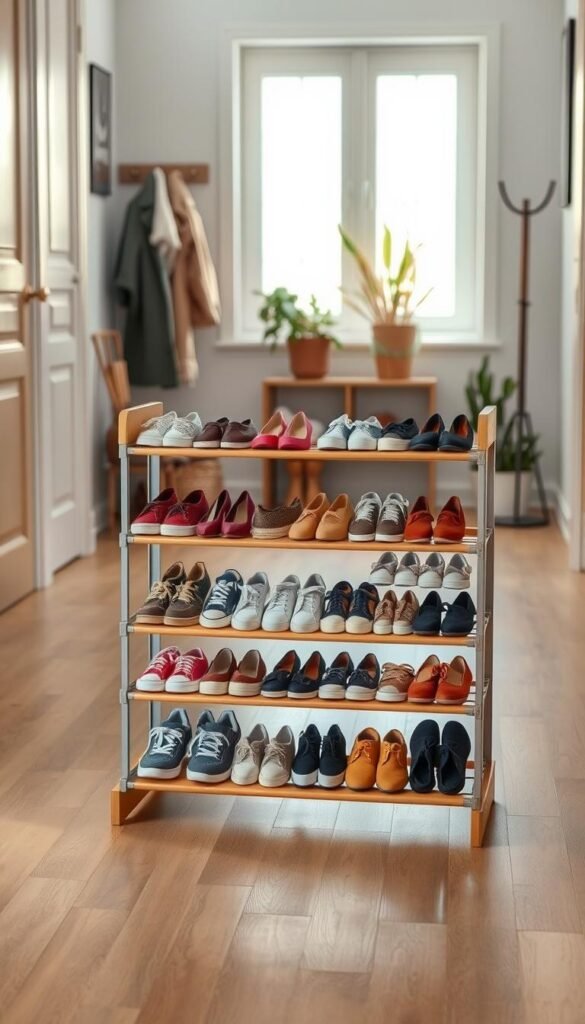 A modern shoe rack is elegantly displayed in a well-lit, organized entryway. In the foreground, the shoe rack features an array of neatly arranged footwear, including various styles such as sneakers, heels, and boots, showcasing a harmonious color palette. In the middle ground, soft natural light filters through a nearby window, highlighting the textures of the wood and fabric of the shoe rack. The background subtly includes potted plants and a coat stand, adding warmth to the setting without overwhelming the focus on the shoe organization. The scene emits a clean, inviting atmosphere, perfect for illustrating effective shoe organization systems. The angle is slightly above eye level, providing a comprehensive view of how the shoe rack fits within a stylish, functional space.