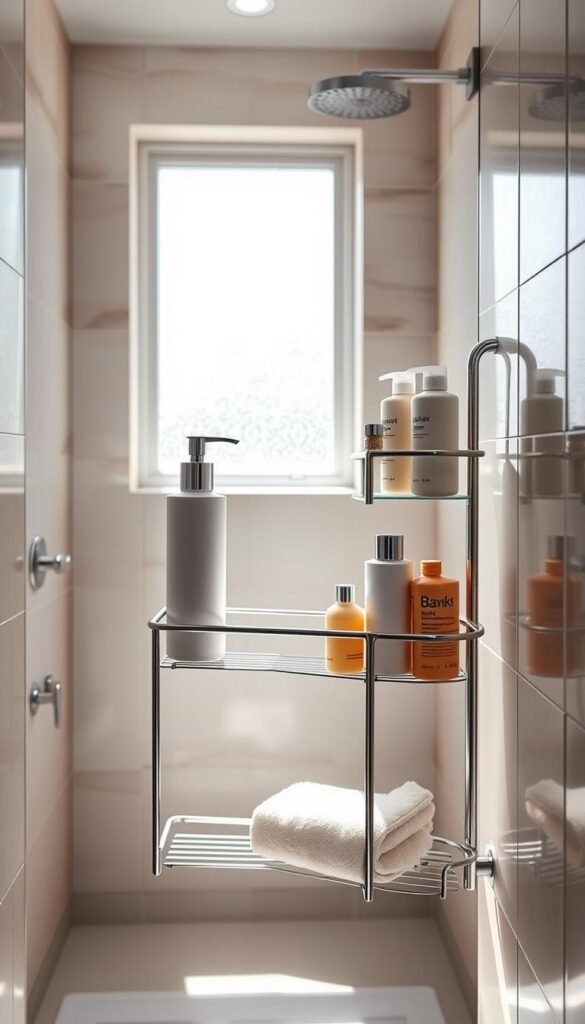 A modern shower caddy featuring a sleek design made from stainless steel and acrylic, elegantly displaying various shower products like shampoo bottles, body wash, and loofahs. The caddy is positioned in the foreground, showcasing its multi-tiered organization with a minimalist aesthetic. In the middle background, a beautifully tiled small bathroom with soft, neutral colors enhances the ambiance. Natural light streams in through a frosted window, creating a warm and inviting atmosphere. The angle captures both the shower caddy and the surrounding space, highlighting effective storage solutions for compact areas. Soft shadows add depth, emphasizing the caddy's functionality without cluttering the composition. The overall mood is fresh, clean, and practical, ideal for small bathroom inspiration.