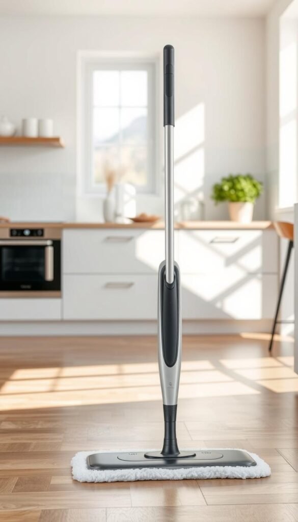 A modern, sleek quick reset mop stands prominently in the foreground, showcasing its innovative design. The mop features an ergonomic handle and washable pads, emphasizing practicality and ease of use for quick cleaning. In the middle ground, a bright, sunny kitchen with polished wooden floors enhances the mop's functionality, with sunlight streaming through a window, casting soft shadows that suggest a warm, welcoming atmosphere. The background includes minimalistic kitchen elements, such as a dish rack and potted herbs, contributing to a tidy, organized space. The overall lighting sets a cheerful mood, creating an inviting environment for effective zone cleaning. The angle is slightly elevated, offering a clear view of both the mop and its surroundings for a clean and professional image. A modern, sleek quick reset mop stands prominently in the foreground, showcasing its innovative design. The mop features an ergonomic handle and washable pads, emphasizing practicality and ease of use for quick cleaning. In the middle ground, a bright, sunny kitchen with polished wooden floors enhances the mop's functionality, with sunlight streaming through a window, casting soft shadows that suggest a warm, welcoming atmosphere. The background includes minimalistic kitchen elements, such as a dish rack and potted herbs, contributing to a tidy, organized space. The overall lighting sets a cheerful mood, creating an inviting environment for effective zone cleaning. The angle is slightly elevated, offering a clear view of both the mop and its surroundings for a clean and professional image.