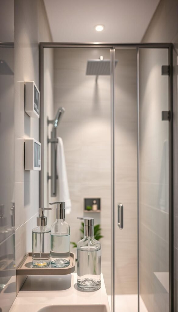 A modern small bathroom featuring sleek mounted dispensers on the wall, designed for shower essentials like shampoo, conditioner, and body wash. In the foreground, focus on stylish, clear decanted bottles neatly arranged on a minimalist shelf. The middle ground showcases a contemporary shower stall with glass doors, highlighting the dispensers. The background captures subtle tile textures with soft, ambient lighting casting gentle reflections. A touch of greenery, like a small potted plant, adds a fresh vibe. Use a wide-angle lens to capture the entirety of the space, creating a bright, inviting atmosphere that emphasizes functionality and elegance. The overall mood is serene and organized, perfect for showcasing efficient shower storage solutions.