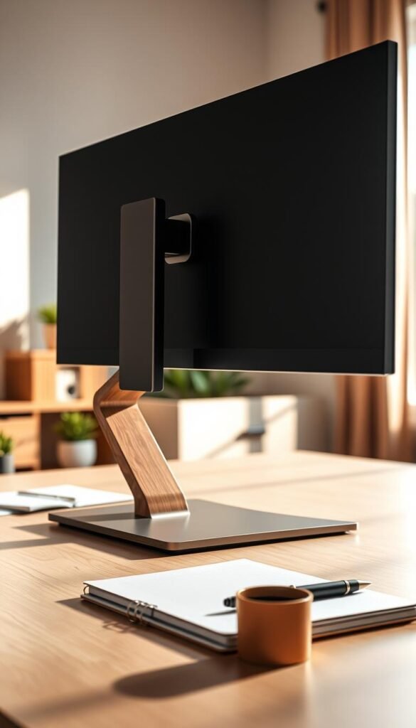 A modern, stylish monitor stand featuring a sleek wooden base and metal accents, elevating a slim, high-resolution computer monitor. In the foreground, focus on the monitor stand, showcasing its smooth finish and ergonomic design. The middle ground includes a well-organized desk with a few neatly arranged office supplies, such as a notebook, a stylish pen, and a small potted plant. In the background, a softly blurred, well-lit workspace reflects a tranquil atmosphere with natural light filtering through a nearby window, casting gentle shadows. Use warm lighting to create a welcoming mood, with an emphasis on clarity and tranquility. The overall composition should emphasize organization and aesthetics, without any people present.