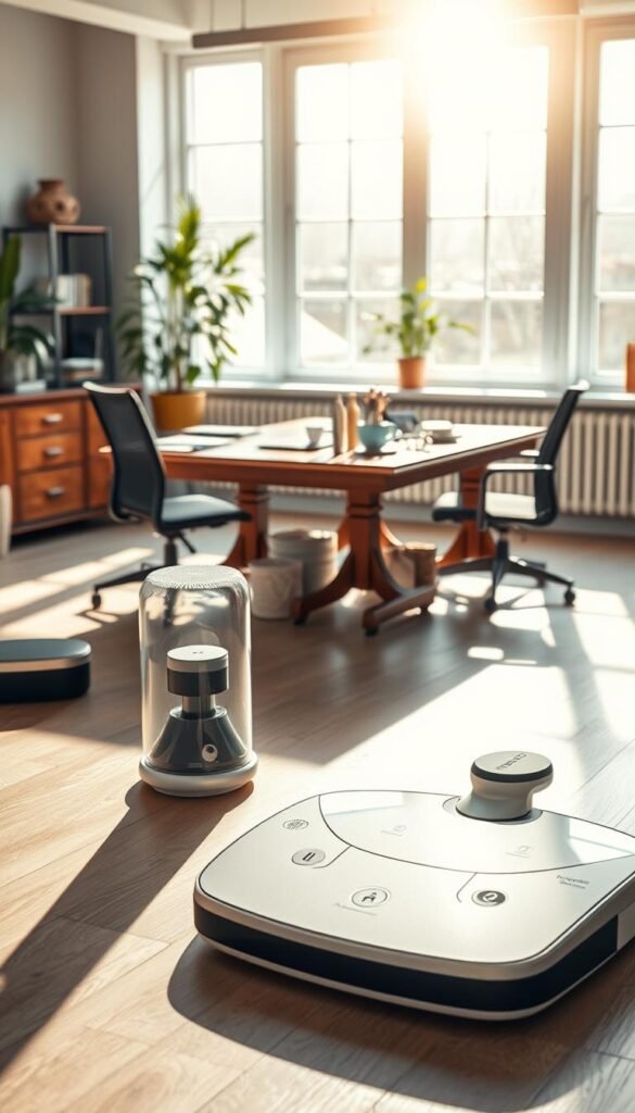 A modern workspace showcasing a "Zone Cleaning System" with an emphasis on product specifications. In the foreground, display a sleek, well-designed cleaning device with visible features like intuitive controls and a transparent dust container, glistening in soft, natural light. The middle ground includes a classic wooden desk scattered with relevant cleaning tools and a tablet displaying a digital control interface. In the background, a bright, minimalistic office environment with large windows allowing warm sunlight to flood the room, casting gentle shadows. The atmosphere is clean, organized, and professional, evoking trust and efficiency. Capture the scene from a slightly elevated angle to highlight the product while maintaining the overall workspace. A modern workspace showcasing a "Zone Cleaning System" with an emphasis on product specifications. In the foreground, display a sleek, well-designed cleaning device with visible features like intuitive controls and a transparent dust container, glistening in soft, natural light. The middle ground includes a classic wooden desk scattered with relevant cleaning tools and a tablet displaying a digital control interface. In the background, a bright, minimalistic office environment with large windows allowing warm sunlight to flood the room, casting gentle shadows. The atmosphere is clean, organized, and professional, evoking trust and efficiency. Capture the scene from a slightly elevated angle to highlight the product while maintaining the overall workspace.