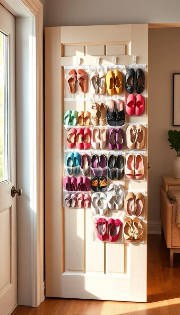 A neatly arranged hanging shoe organizer mounted on the back of a stylish door, showcasing various pairs of colorful shoes and sandals. The foreground features a vibrant collection of footwear, displayed in transparent pockets for easy visibility. In the middle, the wooden door is painted a soft pastel color, enhancing the aesthetic appeal. The background includes a cozy room setting with softly diffused natural light coming from a nearby window, creating a warm and inviting atmosphere. The image conveys a sense of organization and efficient use of space, reflecting a modern approach to small living areas. Use a shallow depth of field to emphasize the shoe organizer while gently blurring the background for a professional look.