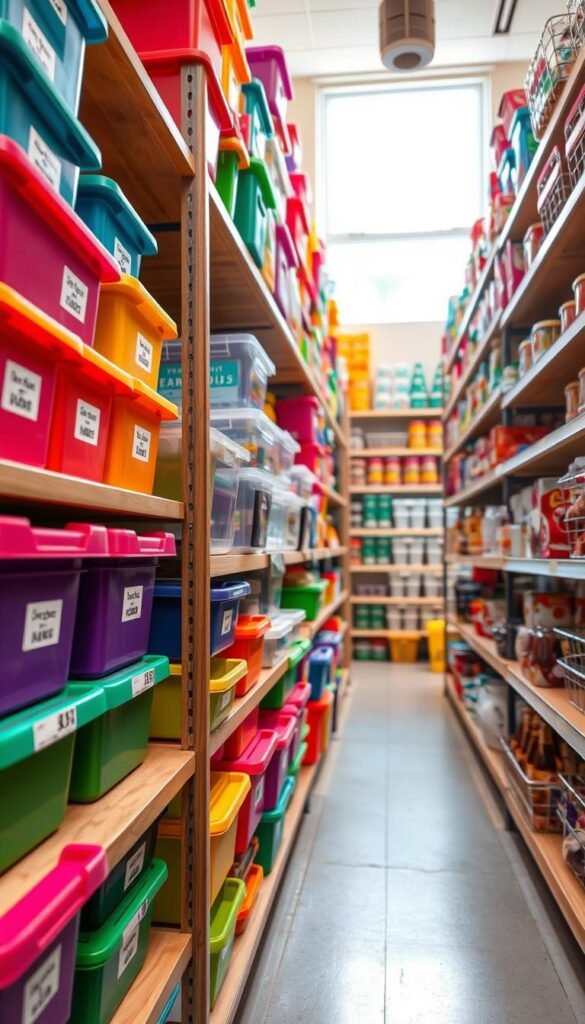 A neatly organized Dollar Tree aisle filled with colorful, affordable storage bins and containers in various shapes and sizes. In the foreground, focus on vibrant plastic bins stacked on a wooden shelf, each labeled clearly for easy identification. The middle layer showcases additional items like clear storage boxes and baskets, all neatly arranged. The background features bright, well-lit shelves of Dollar Tree products, creating an inviting atmosphere. Natural daylight streams through a nearby window, highlighting the cheerful colors and the practicality of the items. The mood is budget-friendly and practical, emphasizing the ease of pantry organization on a budget. The perspective is slightly angled to provide depth, showcasing the variety and utility of low-cost organizers. A neatly organized Dollar Tree aisle filled with colorful, affordable storage bins and containers in various shapes and sizes. In the foreground, focus on vibrant plastic bins stacked on a wooden shelf, each labeled clearly for easy identification. The middle layer showcases additional items like clear storage boxes and baskets, all neatly arranged. The background features bright, well-lit shelves of Dollar Tree products, creating an inviting atmosphere. Natural daylight streams through a nearby window, highlighting the cheerful colors and the practicality of the items. The mood is budget-friendly and practical, emphasizing the ease of pantry organization on a budget. The perspective is slightly angled to provide depth, showcasing the variety and utility of low-cost organizers.