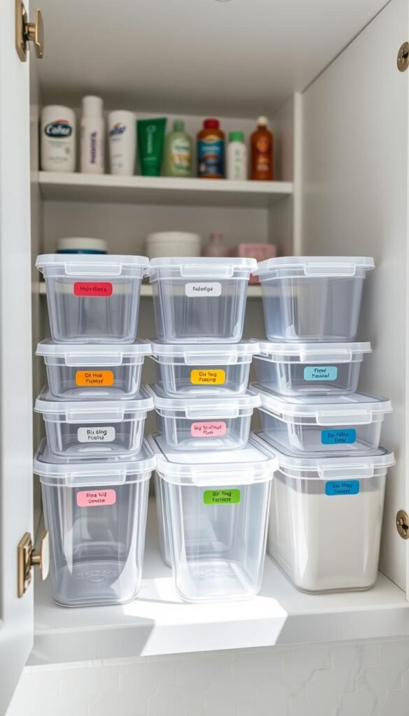 A neatly organized array of transparent plastic containers of various sizes, arranged inside a clean, well-lit under-sink cabinet. The containers are labeled with colorful stickers for easy identification and feature airtight lids, showcasing their moisture-resistant characteristics. Soft, natural light filters in from the cabinet door, casting gentle shadows that enhance the clarity of the plastic surfaces. The background reveals a tidy space, with shelves displaying additional bathroom essentials, adding to the organized atmosphere. The overall mood is fresh and inviting, emphasizing functionality and efficiency in bathroom storage. A clean, minimal aesthetic prevails, with no clutter or distractions in sight.