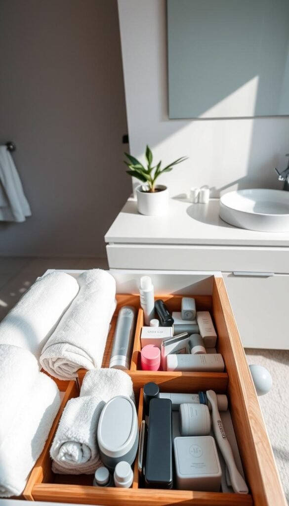 A neatly organized bathroom drawer showcasing a minimalist aesthetic. In the foreground, there are perfectly arranged items such as rolled towels, neatly stacked toiletries, and bamboo dividers. The middle layer reveals a wooden drawer with various personal care items, all color-coordinated and sorted by type—specifically, skincare, haircare, and dental products. In the background, a softly lit bathroom featuring a sleek countertop with a small potted plant enhances the serene atmosphere. The scene is illuminated by natural light streaming in from a nearby window, casting gentle shadows. The overall mood is calm and inviting, ideal for illustrating the concept of minimalist organization. Capture this scene from a slightly angled top-down perspective to highlight the contents beautifully. A neatly organized bathroom drawer showcasing a minimalist aesthetic. In the foreground, there are perfectly arranged items such as rolled towels, neatly stacked toiletries, and bamboo dividers. The middle layer reveals a wooden drawer with various personal care items, all color-coordinated and sorted by type—specifically, skincare, haircare, and dental products. In the background, a softly lit bathroom featuring a sleek countertop with a small potted plant enhances the serene atmosphere. The scene is illuminated by natural light streaming in from a nearby window, casting gentle shadows. The overall mood is calm and inviting, ideal for illustrating the concept of minimalist organization. Capture this scene from a slightly angled top-down perspective to highlight the contents beautifully.