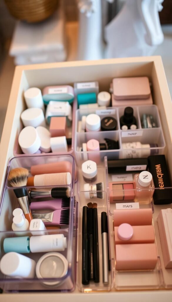 A neatly organized bathroom drawer showcasing various dividers and small bins filled with toiletries, makeup, and grooming essentials. In the foreground, focus on a section of the drawer with clear plastic dividers compartmentalizing items like brushes, combs, and skincare products in appealing, pastel colors. The middle ground reveals additional dividers labeled with simple icons, conveying a “map-like” organization style. Soft, warm overhead lighting highlights the contents, creating a calm and inviting atmosphere. The background features a hint of a bathroom setting, blurred to keep the drawer as the focal point. The scene is shot from a top-down angle, ensuring a clean and tidy presentation, emphasizing organized serenity and practicality. A neatly organized bathroom drawer showcasing various dividers and small bins filled with toiletries, makeup, and grooming essentials. In the foreground, focus on a section of the drawer with clear plastic dividers compartmentalizing items like brushes, combs, and skincare products in appealing, pastel colors. The middle ground reveals additional dividers labeled with simple icons, conveying a “map-like” organization style. Soft, warm overhead lighting highlights the contents, creating a calm and inviting atmosphere. The background features a hint of a bathroom setting, blurred to keep the drawer as the focal point. The scene is shot from a top-down angle, ensuring a clean and tidy presentation, emphasizing organized serenity and practicality.