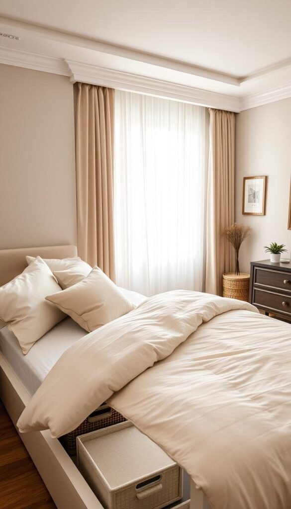 A neatly organized bedroom featuring a stylish bed with built-in under-bed storage. The foreground highlights an elegant bed with plush pillows and a soft, inviting comforter, while the under-bed area is open, revealing neatly arranged storage boxes and baskets in various colors and textures. In the middle ground, soft natural light filters through sheer curtains, illuminating the cozy atmosphere. The background showcases tasteful bedroom decor, including a simple nightstand and a calming wall color that enhances the sense of tranquility. Use a wide-angle lens to capture the entire scene and create an inviting perspective that encourages a serene mood, emphasizing a well-organized space dedicated to relaxation and efficiency. A neatly organized bedroom featuring a stylish bed with built-in under-bed storage. The foreground highlights an elegant bed with plush pillows and a soft, inviting comforter, while the under-bed area is open, revealing neatly arranged storage boxes and baskets in various colors and textures. In the middle ground, soft natural light filters through sheer curtains, illuminating the cozy atmosphere. The background showcases tasteful bedroom decor, including a simple nightstand and a calming wall color that enhances the sense of tranquility. Use a wide-angle lens to capture the entire scene and create an inviting perspective that encourages a serene mood, emphasizing a well-organized space dedicated to relaxation and efficiency.