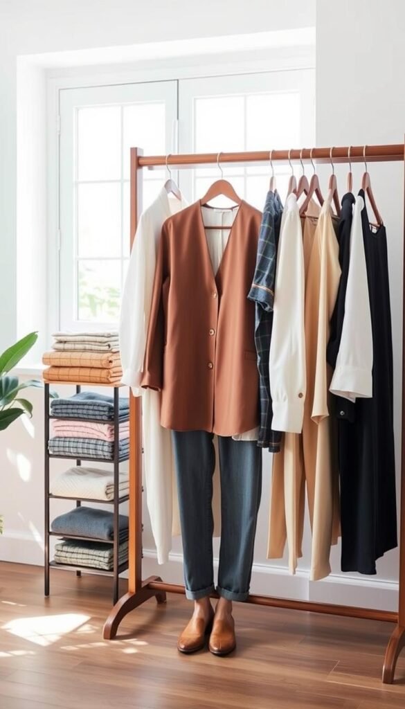 A neatly organized capsule wardrobe displayed on a polished wooden rack in a bright, airy room. In the foreground, neatly folded sweaters, versatile blouses, and tailored trousers are arranged by color, showcasing a minimalist approach. The middle ground features a stylish blouse paired with a classic pair of jeans and chic accessories, highlighting easy outfit combinations. In the background, a well-lit window allows soft, natural light to flood the space, casting gentle shadows and creating a welcoming atmosphere. A touch of greenery, like a small potted plant, adds freshness. The scene is tranquil and organized, embodying the essence of simplicity and ease for busy mornings. A neatly organized capsule wardrobe displayed on a polished wooden rack in a bright, airy room. In the foreground, neatly folded sweaters, versatile blouses, and tailored trousers are arranged by color, showcasing a minimalist approach. The middle ground features a stylish blouse paired with a classic pair of jeans and chic accessories, highlighting easy outfit combinations. In the background, a well-lit window allows soft, natural light to flood the space, casting gentle shadows and creating a welcoming atmosphere. A touch of greenery, like a small potted plant, adds freshness. The scene is tranquil and organized, embodying the essence of simplicity and ease for busy mornings.