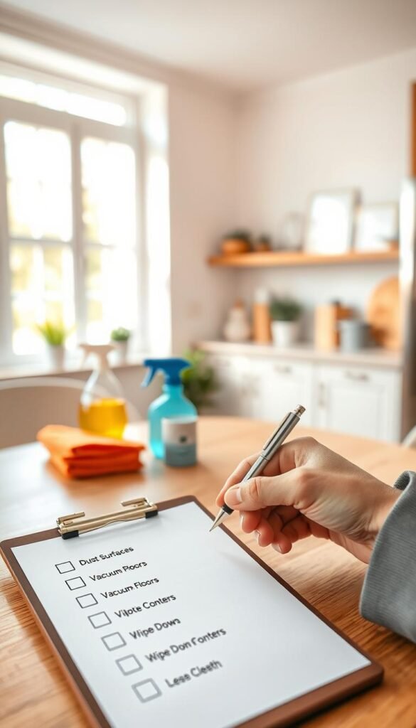 A neatly organized checklist on a wooden table, showcasing various cleaning tasks. The foreground features a clipboard with a white paper checklist, clearly marked with checkboxes for tasks like "Dust Surfaces," "Vacuum Floors," and "Wipe Down Counters." A pair of stylish, professional-looking hands holding a pen is poised to mark a completed task. In the middle ground, there's a soft-lit room with cleaning supplies like a spray bottle, microfiber cloth, and a small plant subtly enhancing the space. The background consists of a bright, cozy kitchen with warm natural light streaming through a window, creating an inviting atmosphere. The overall mood is efficient and approachable, perfect for encouraging a daily cleaning routine. A neatly organized checklist on a wooden table, showcasing various cleaning tasks. The foreground features a clipboard with a white paper checklist, clearly marked with checkboxes for tasks like "Dust Surfaces," "Vacuum Floors," and "Wipe Down Counters." A pair of stylish, professional-looking hands holding a pen is poised to mark a completed task. In the middle ground, there's a soft-lit room with cleaning supplies like a spray bottle, microfiber cloth, and a small plant subtly enhancing the space. The background consists of a bright, cozy kitchen with warm natural light streaming through a window, creating an inviting atmosphere. The overall mood is efficient and approachable, perfect for encouraging a daily cleaning routine.